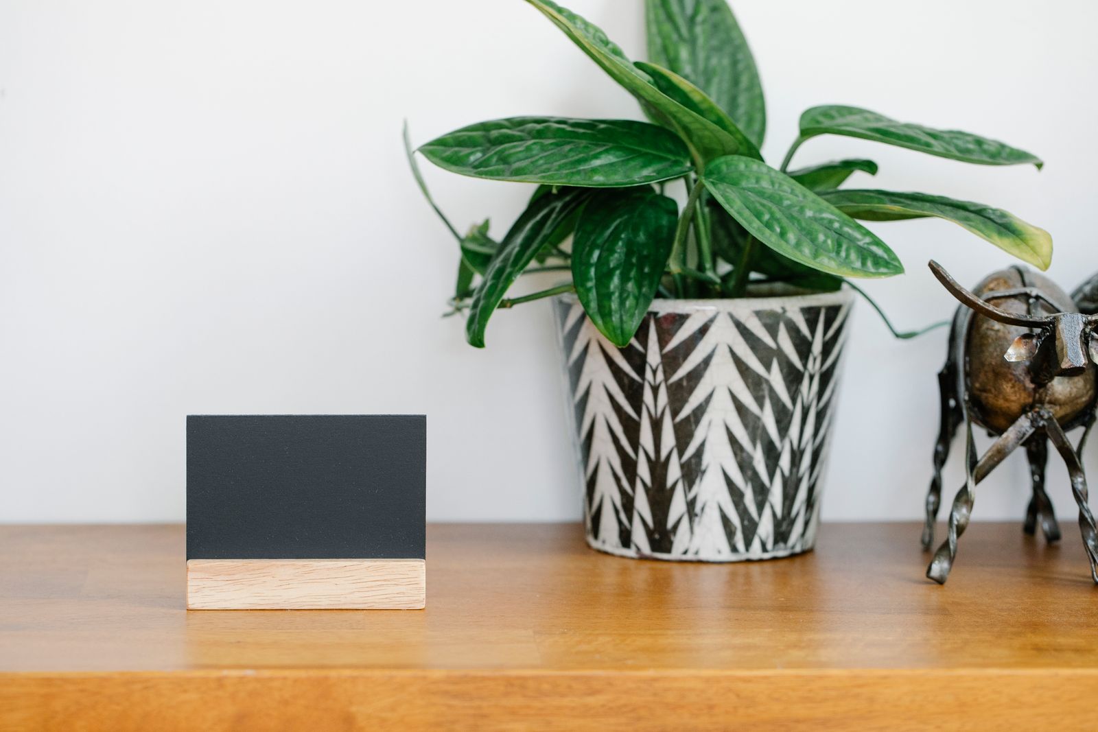 Une petite carte debout sur un support en bois, posée sur une console en bois à côté d'une plante verte, devant un mur blanc