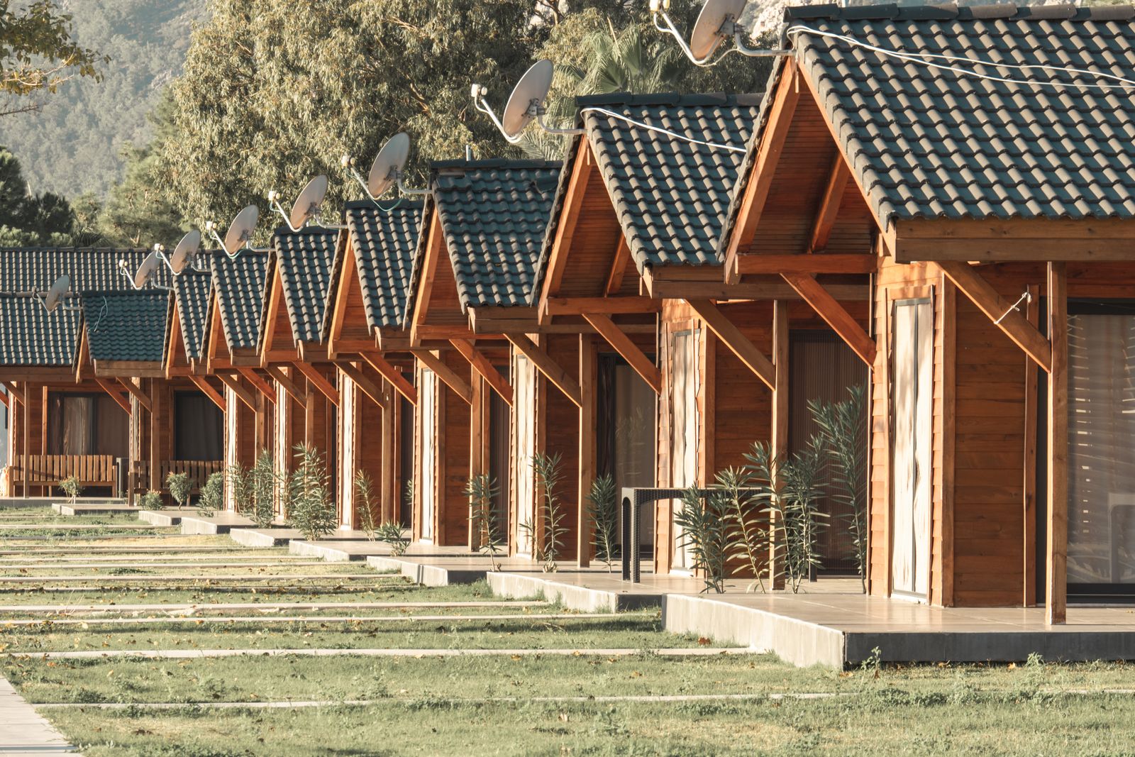 Une rangée de chalets de vacances en bois identiques, alignés sur une pelouse au soleil