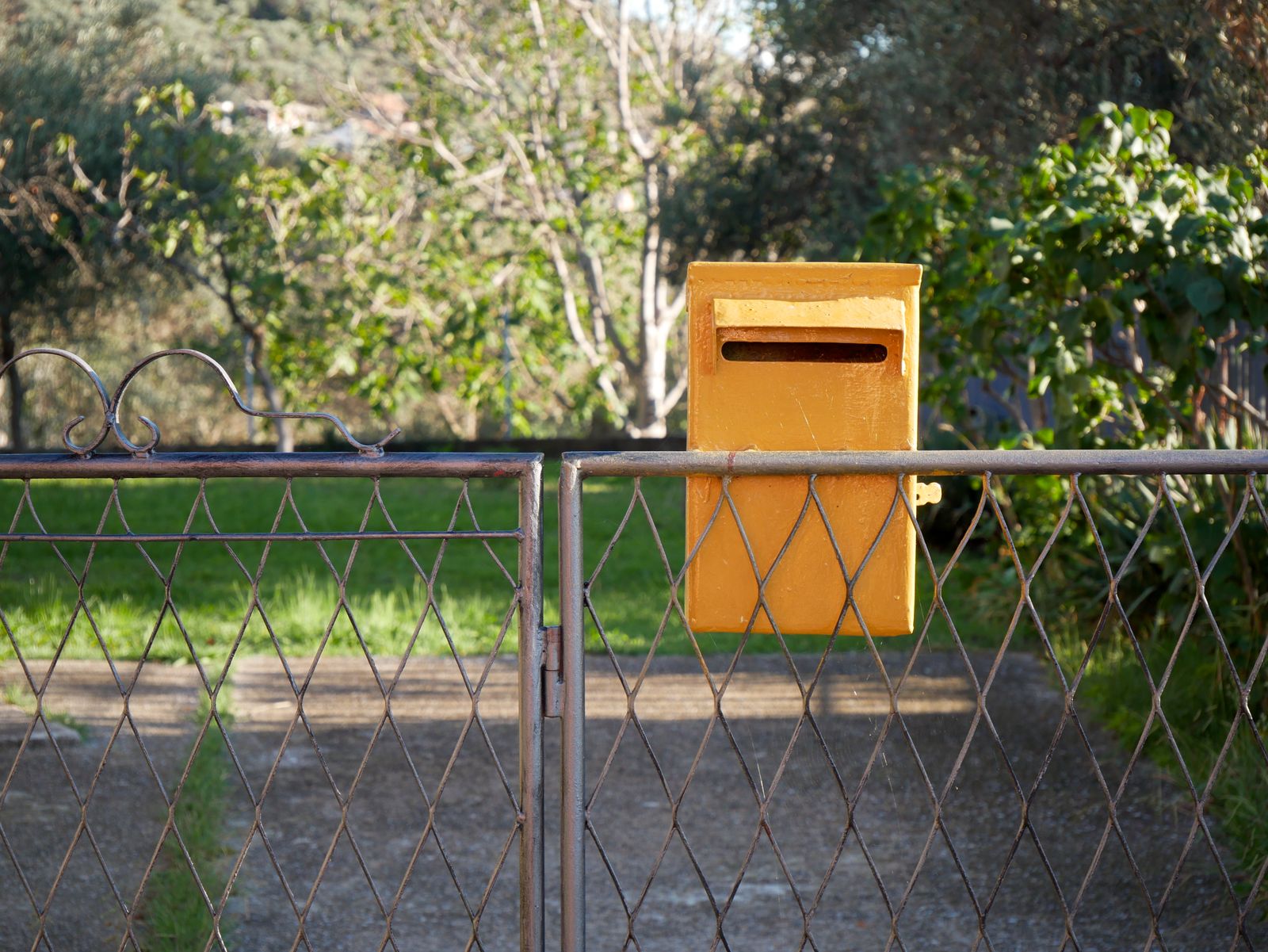 Une boîte aux lettres jaune fixée sur un portail grillagé, un jardin ensoleillé et des arbres derrière